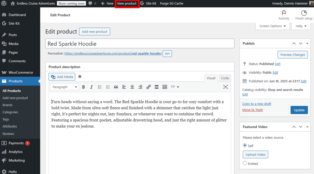 WooCommerce product editorwith the "View product" option highlighted