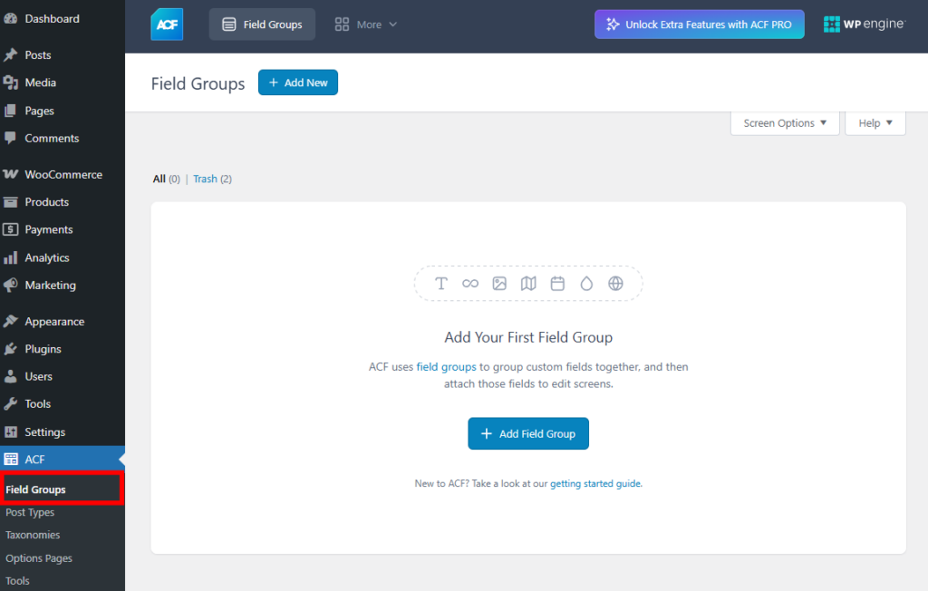 The WordPress dashboard with the link to ACF Field Groups highlighted