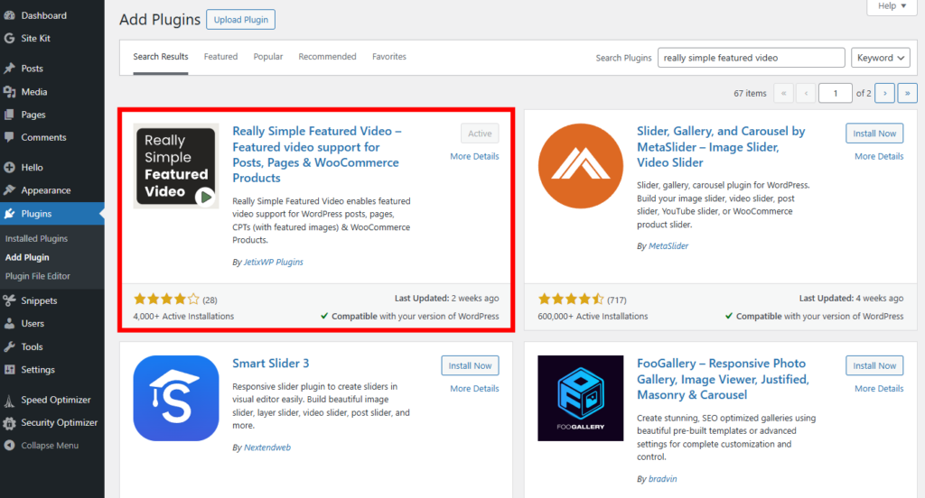 WordPress dashboard showing the Add Plugins page and the Really Simple Featured Video plugin highlighted.