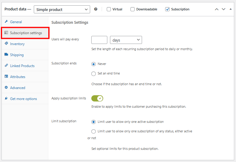 The product data settings on a WooCommerce product with the subscription settings tab highlighted