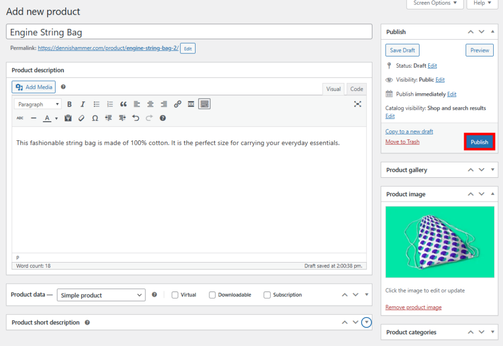 The WooCommerce product editor with the publish button highlighted