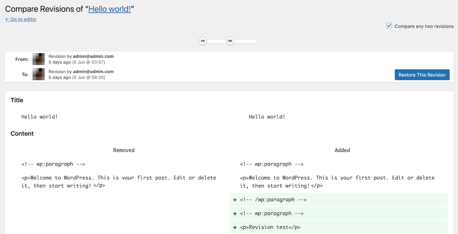 WordPress's revision management page