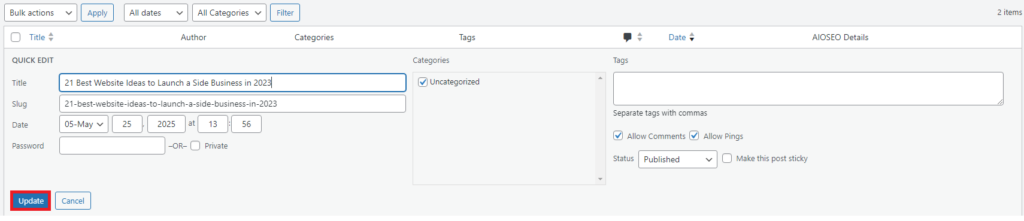 A website editor displaying a title, date, and categories for a blog post titled "21 Best Website Ideas to Launch a Side Business in 2023."