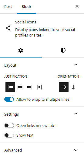 Sidebar interface displaying options for social icon settings, layout justification, orientation, and link opening preferences.