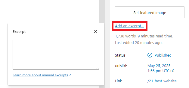 WordPress post editor showing the "Add an excerpt" option and post details on the right side.