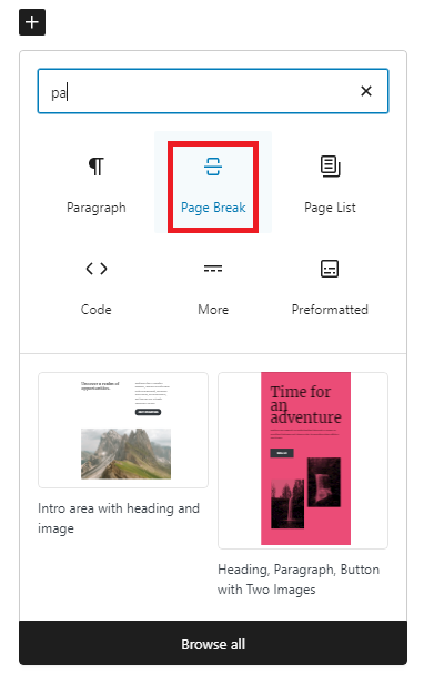 A user interface guide displaying options for creating content, with a highlighted "Page Break" feature in a search box.