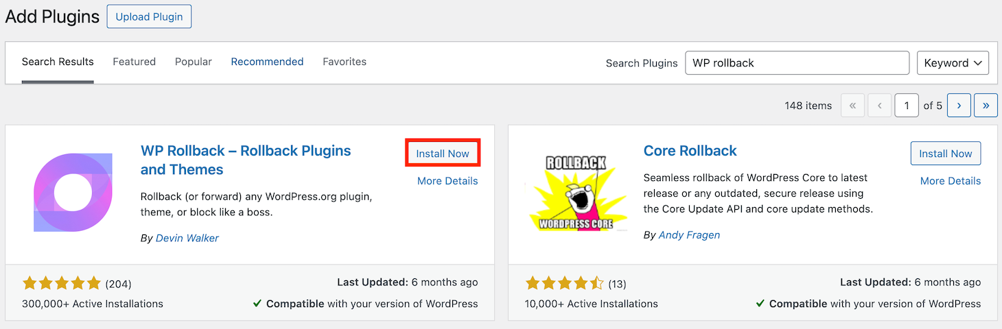 WP rollback on WordPress's plugin installation page