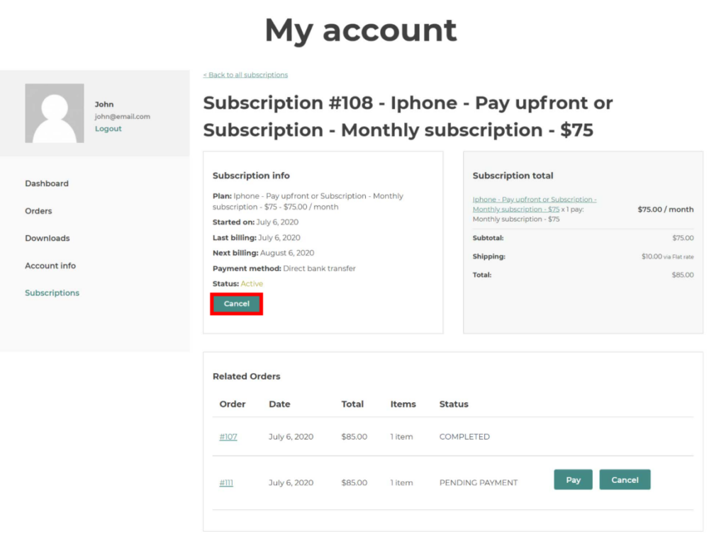 The My Account page showing a Yith subscription with the cancel button highlighted