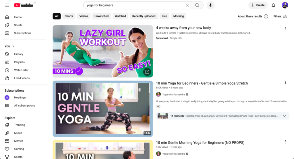 Yoga for beginners search results on YouTube