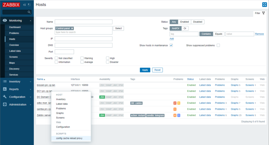 Visual view of the Zabbix user interface, where connected hosts that are being monitored are reviewed.