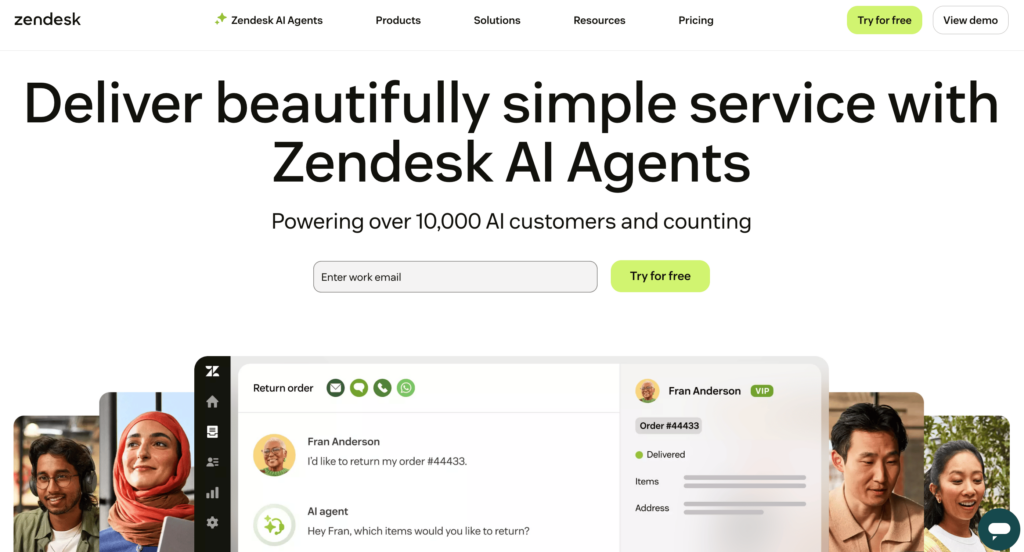 Homepage of Zendesk