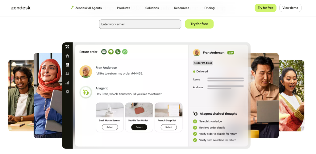 Zendesk interface showing a customer, Fran Anderson, requesting a return for order #44433 with options for item selection and AI support.