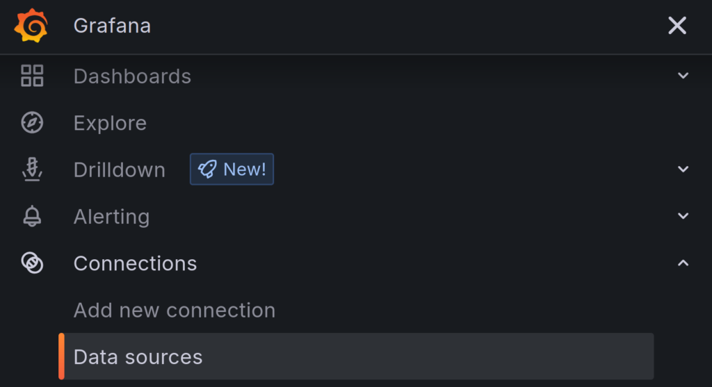 Grafana menu showing "Data Sources" option under "Connections"