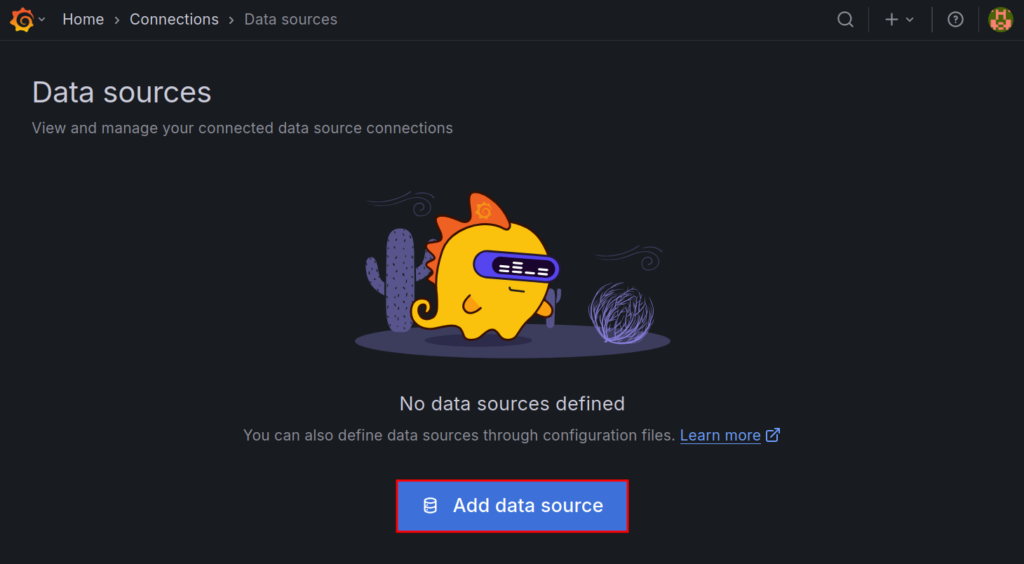 Grafana data sources page with "Add data sources" button highlighted