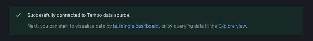 Grafana showing "Successfully connected to Tempo data source" message
