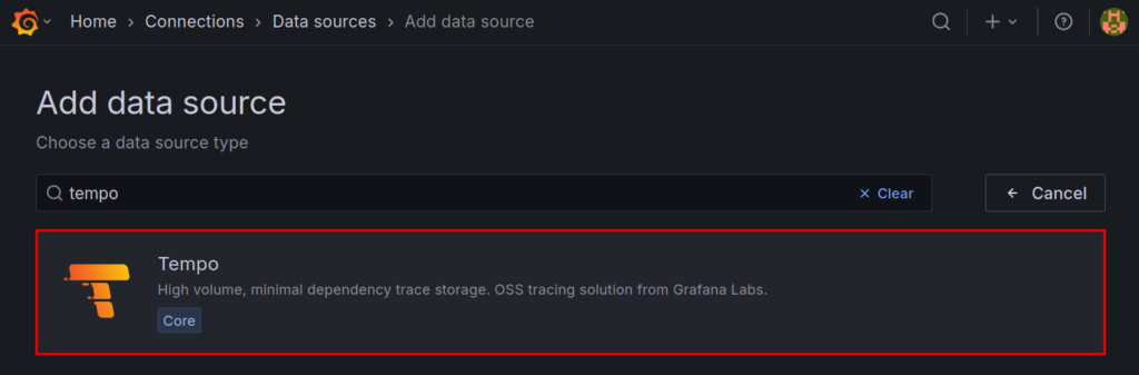 Grafana data source addition page with "Tempo" highlighted