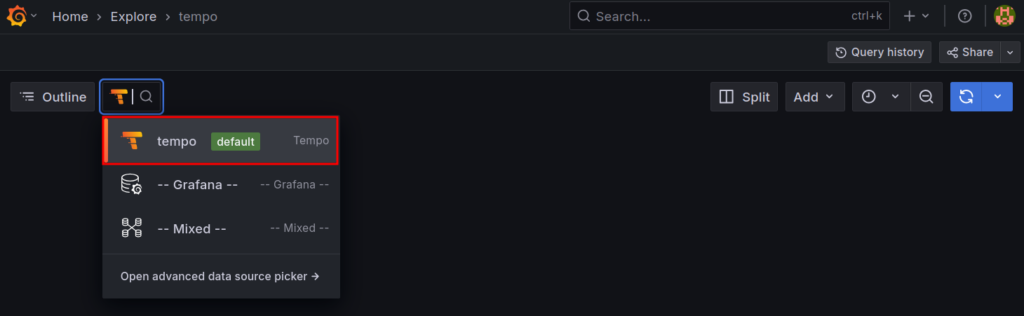 Grafana "Explore" page with "Tempo" data source selected