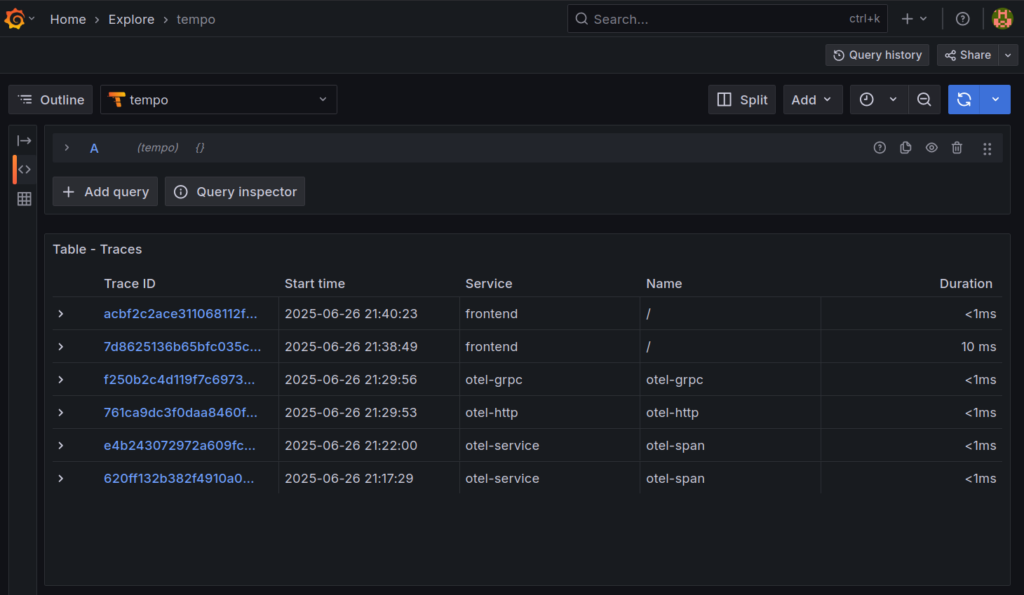Grafana Explore page showing testing traces produced by OpenTelemetry and Jaeger HotROD