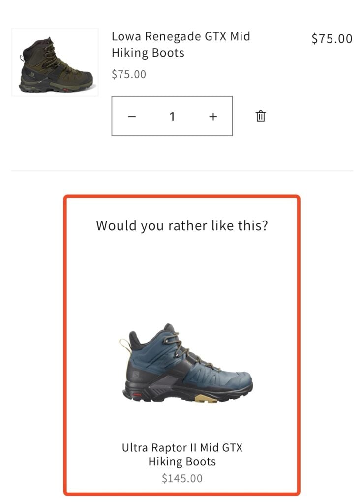Upsell suggestion for a pair of hiking boots with a recommended higher-priced alternative
