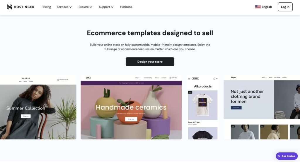 Hostinger’s ecommerce website builder showcasing customizable templates for different online stores