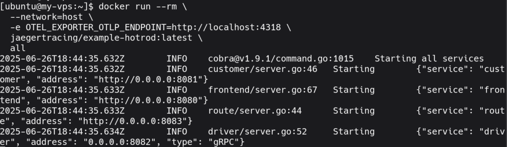 Terminal showing user running Jaeger Tracing Example HotROD application container