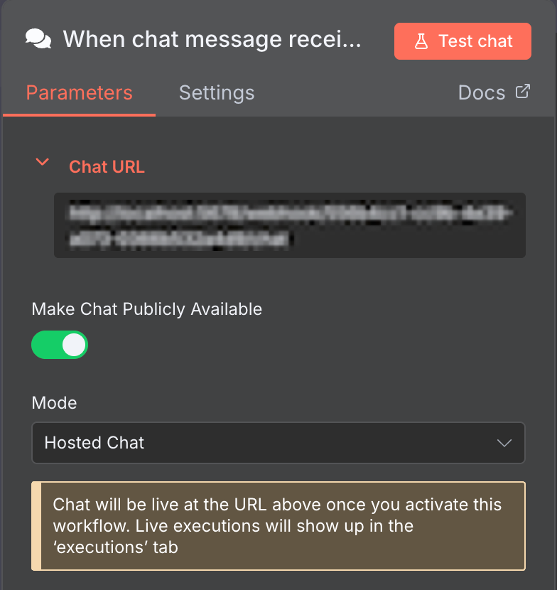 n8n Chat trigger's Make Chat Publicly Available toggle