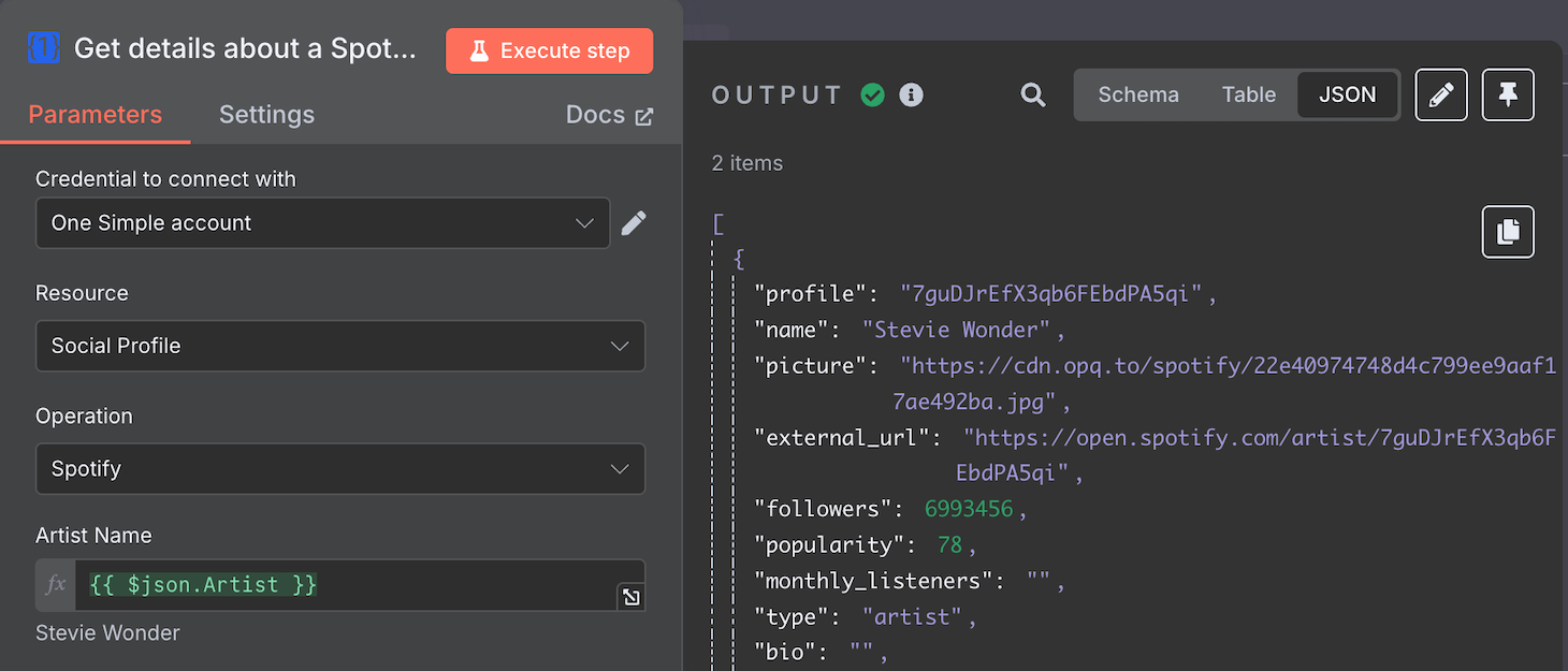 OneSimpleAPI's output example where it fetches data using Spotify's API