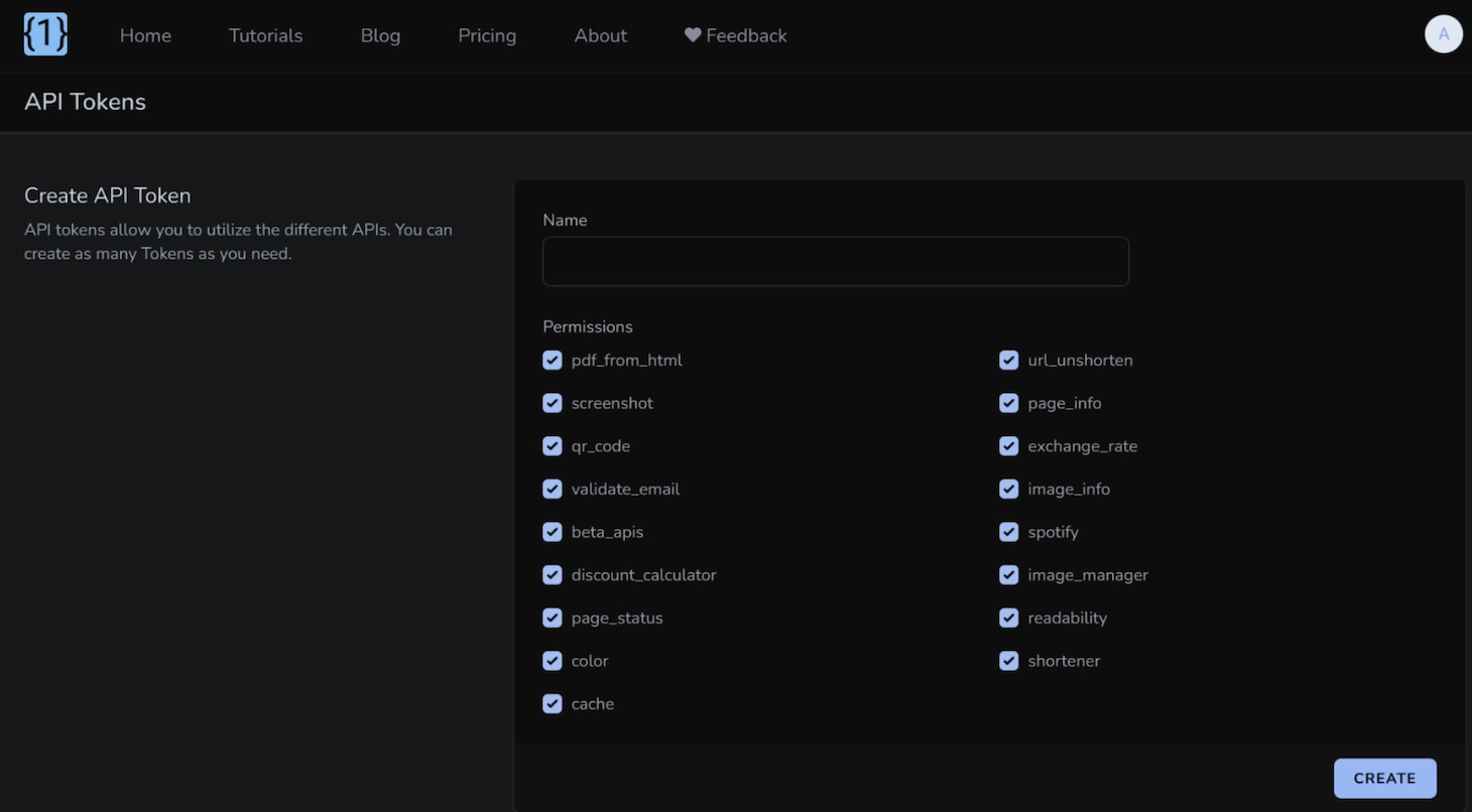 OneSimpleAPI's token configuration menu