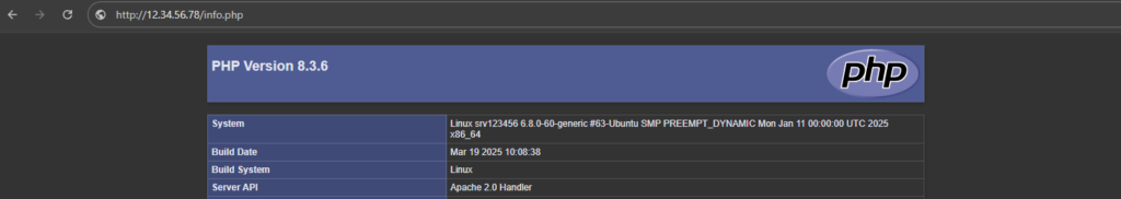 PHP info page displayed in the browser.