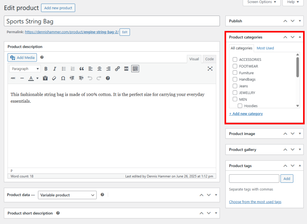 WooCommerce product editor with the categories section highlighted