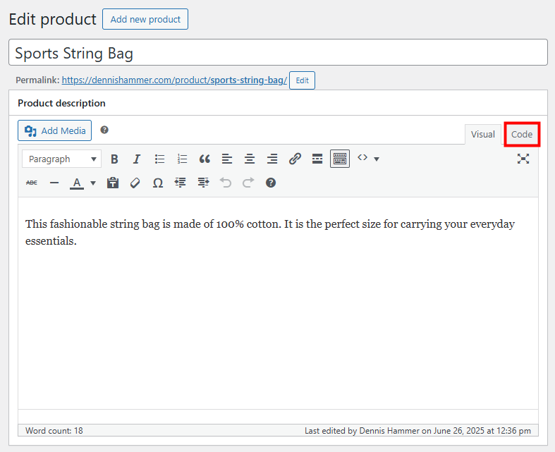 Product editor with the Code tab highlighted