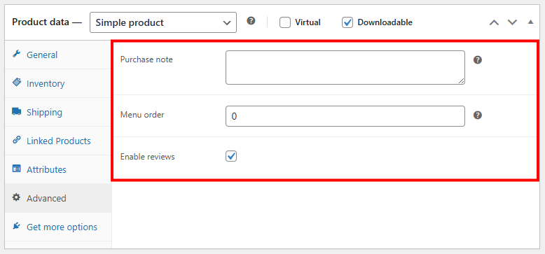 Product data section Advanced tab with options highlighted
