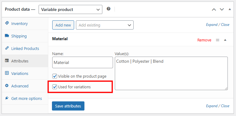 Product data section Attributes tab with the Used for variations checkbox highlighted