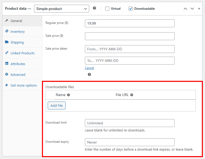 Product data section General tab with the downloadable file options highlighted