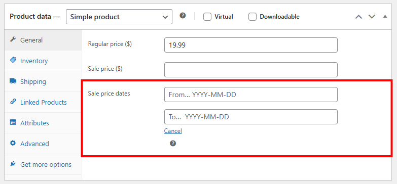 Product data section General tab with the sale price options highlighted