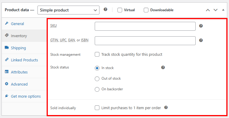 Product data section Inventory tab with the inventory and stock options highlighted