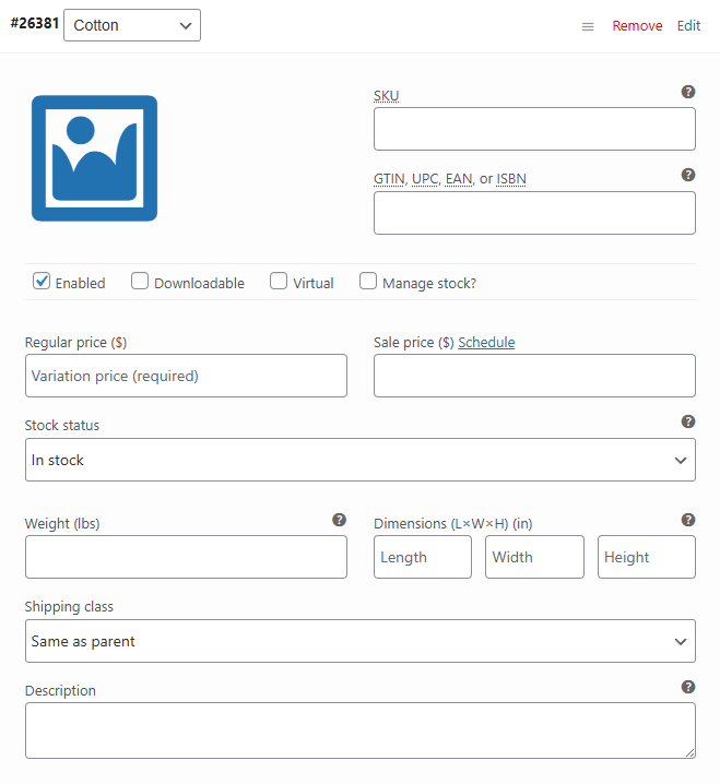 Product data variation settings