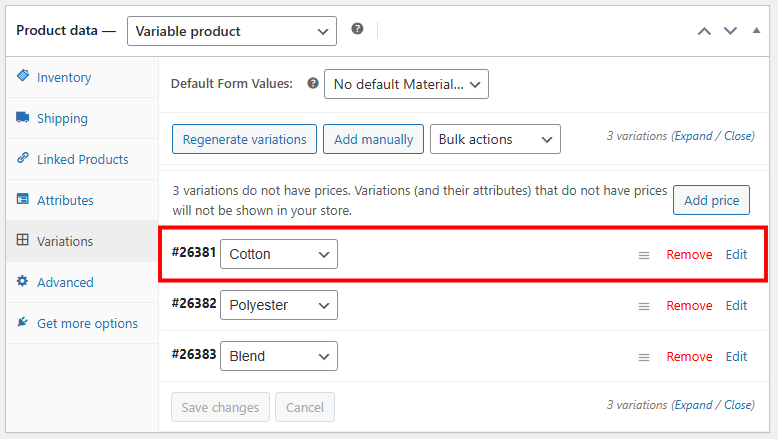 Product data section Variations tab with an expandable variation highlighted