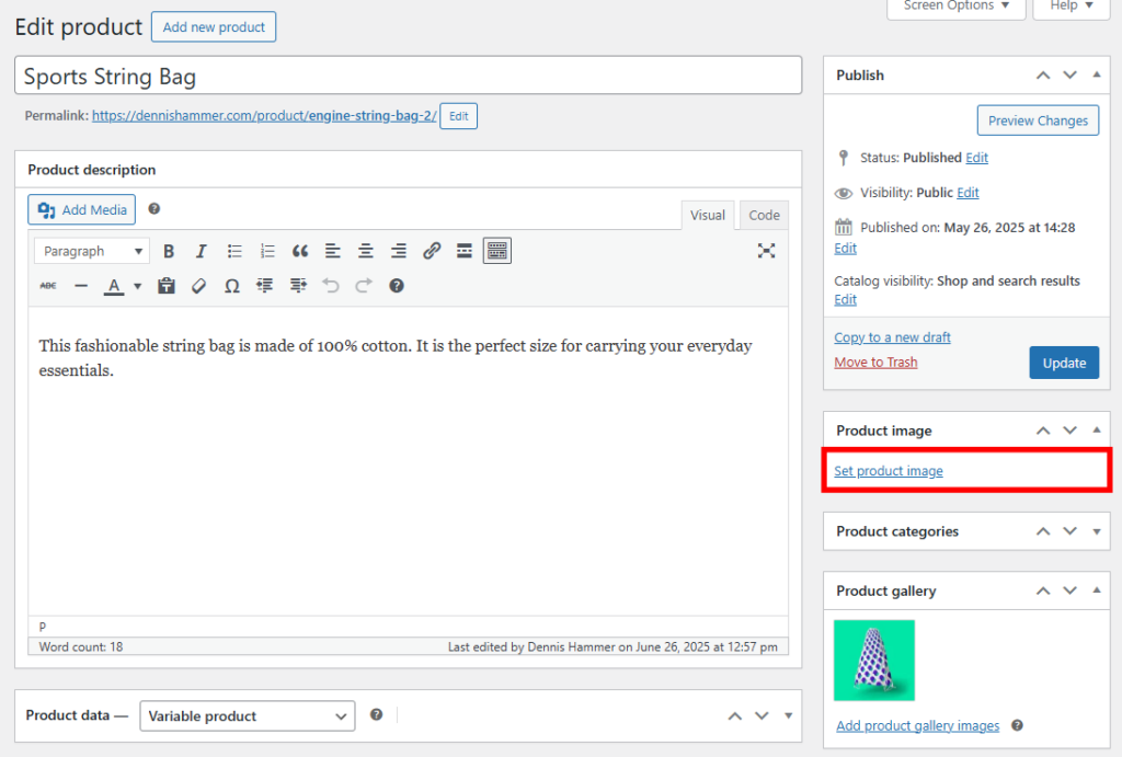 WooCommerce product editor with the Set product image button highlighted