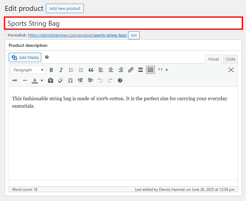 Product editor with the name field highlighted