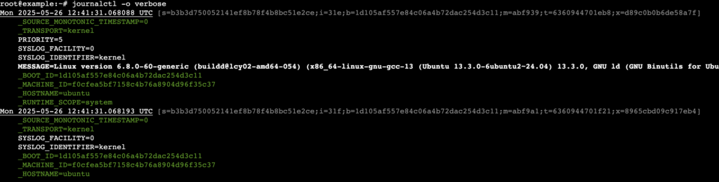 A terminal output shows logs with full message content