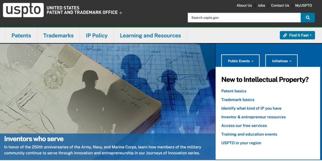 Homepage of United States Patent and Trademark Office