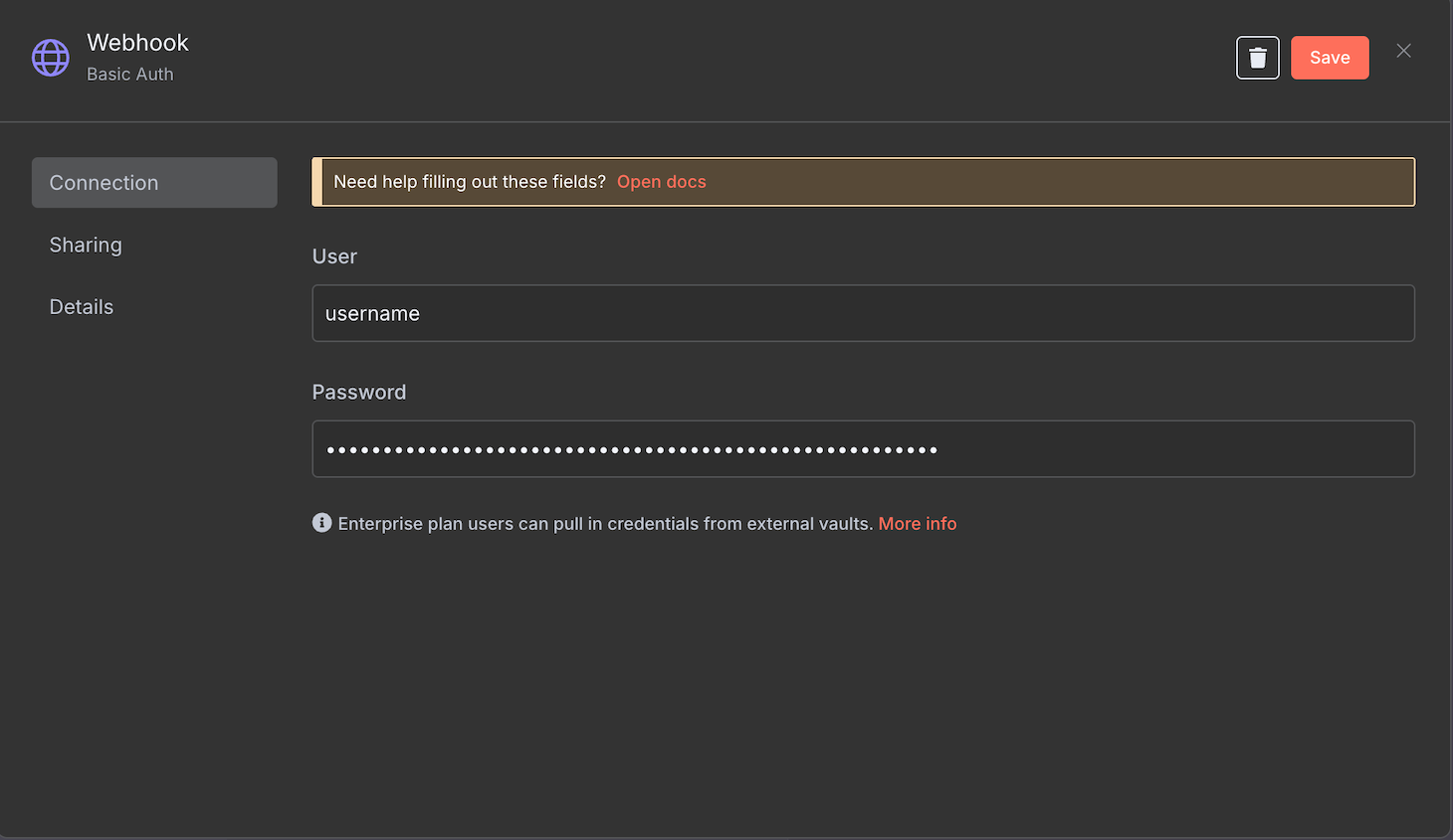 The Webhook node's basic auth configuration window