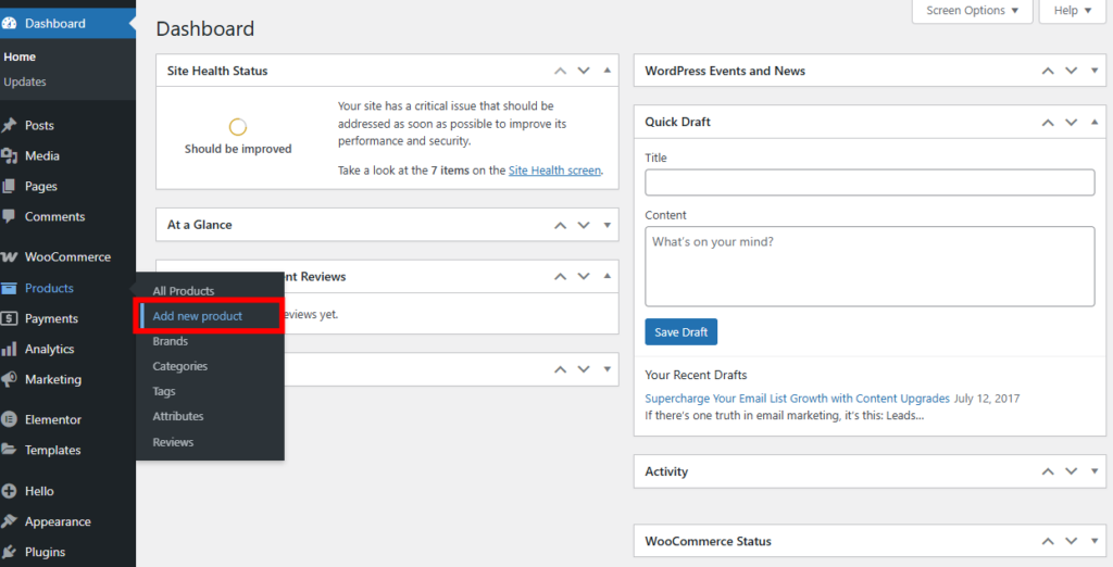 WordPress dashboard with the link to Add new product highlighted
