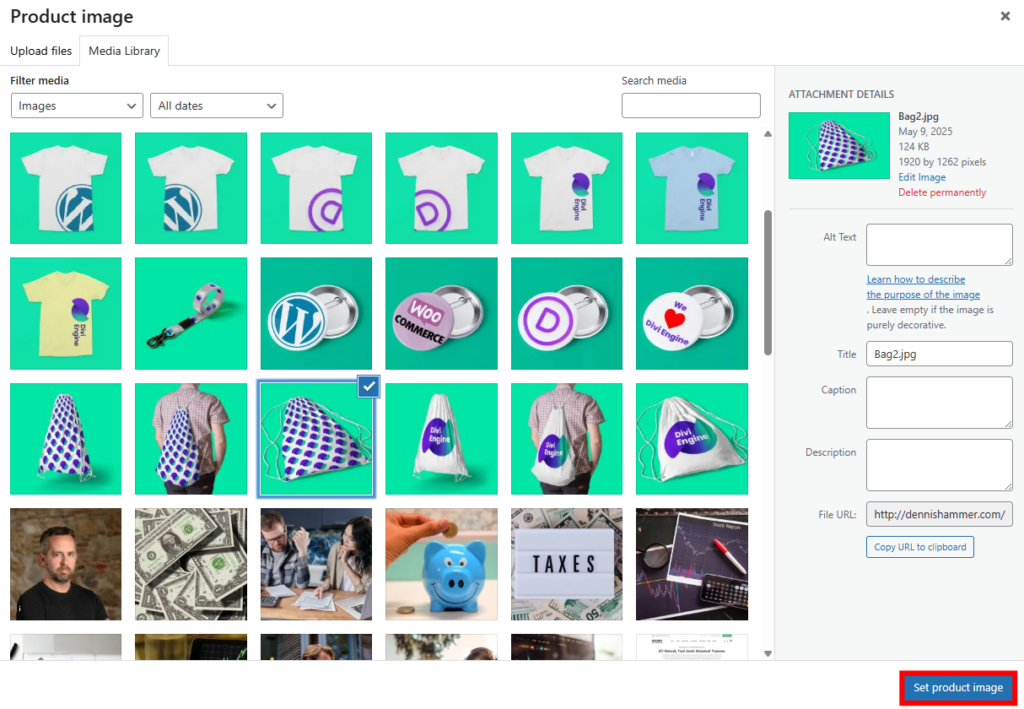 WordPress Media Library with the Set product image button highlighted