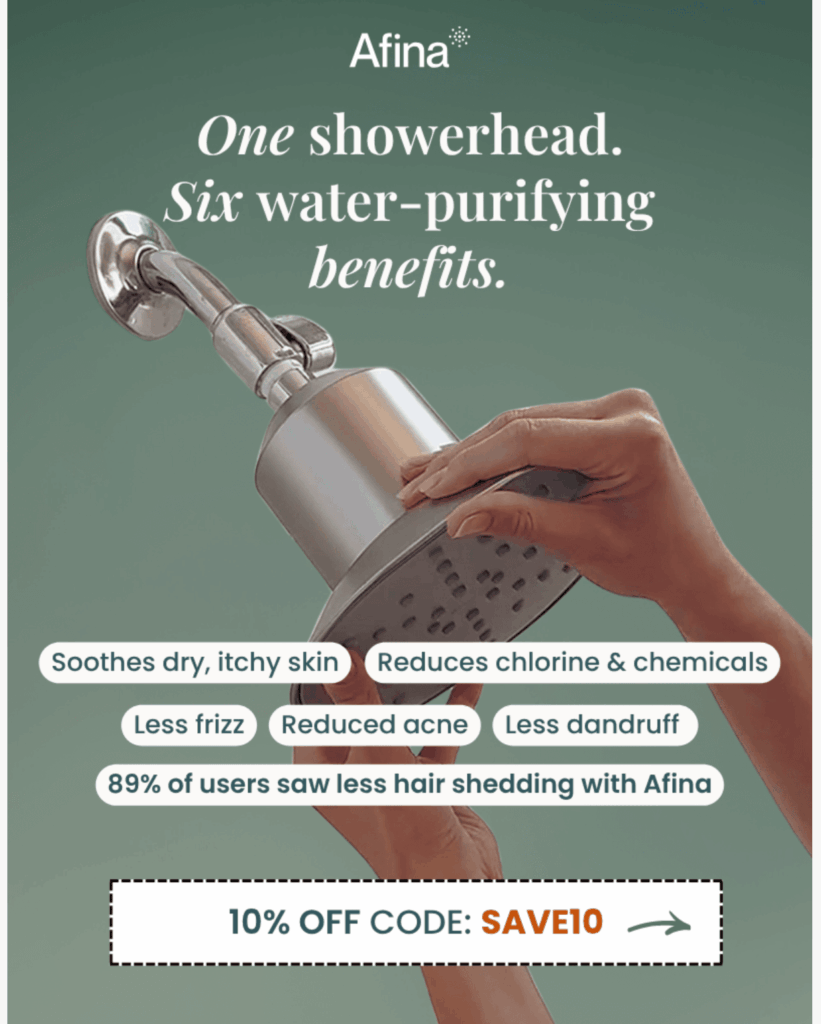Afina email marketing campaign showing their water-purifying showerhead