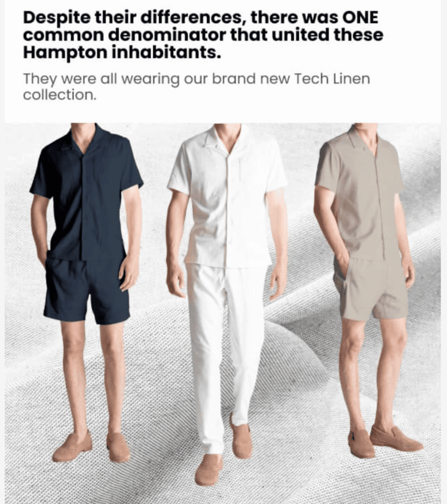 Birddogs email marketing campaign showing Tech Linen collection