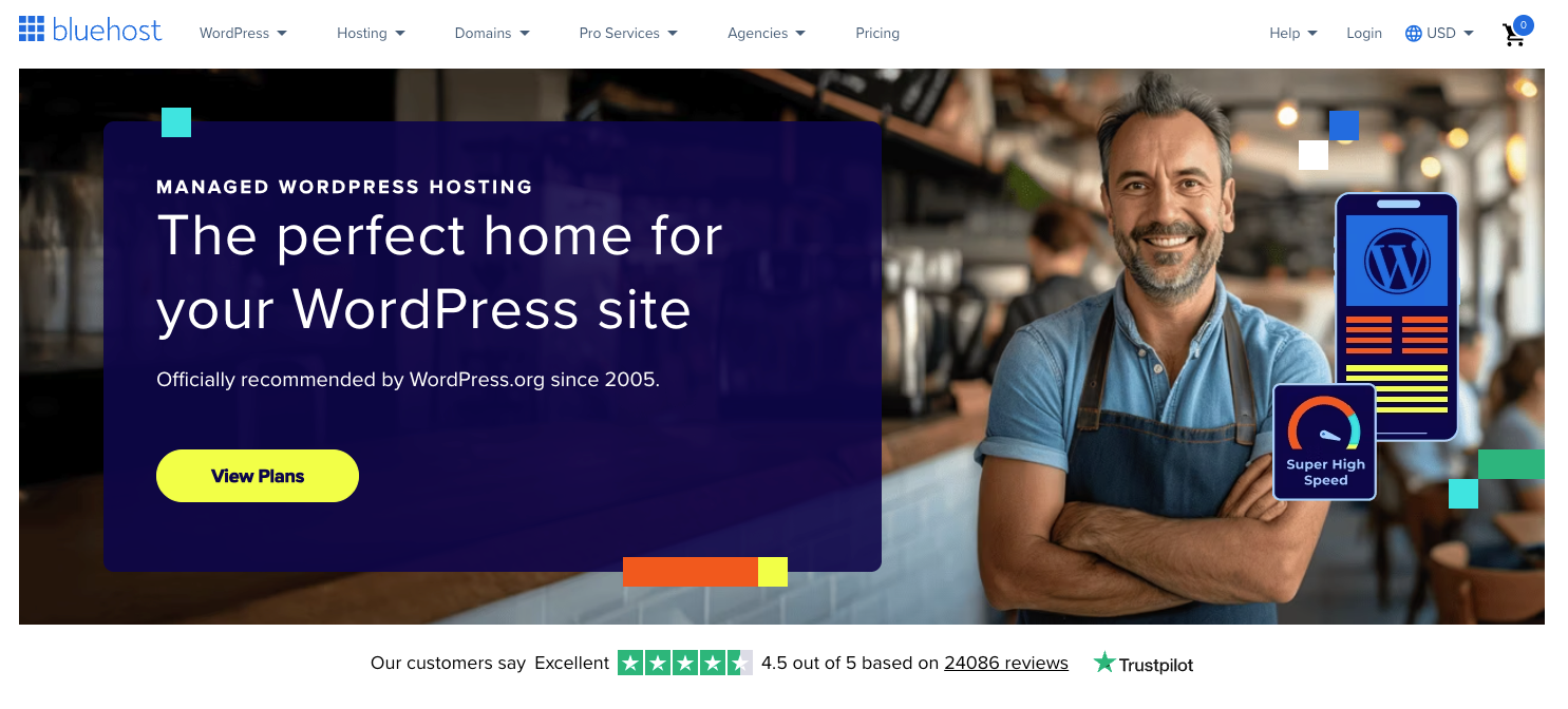 Bluehost's WordPress hosting landing page