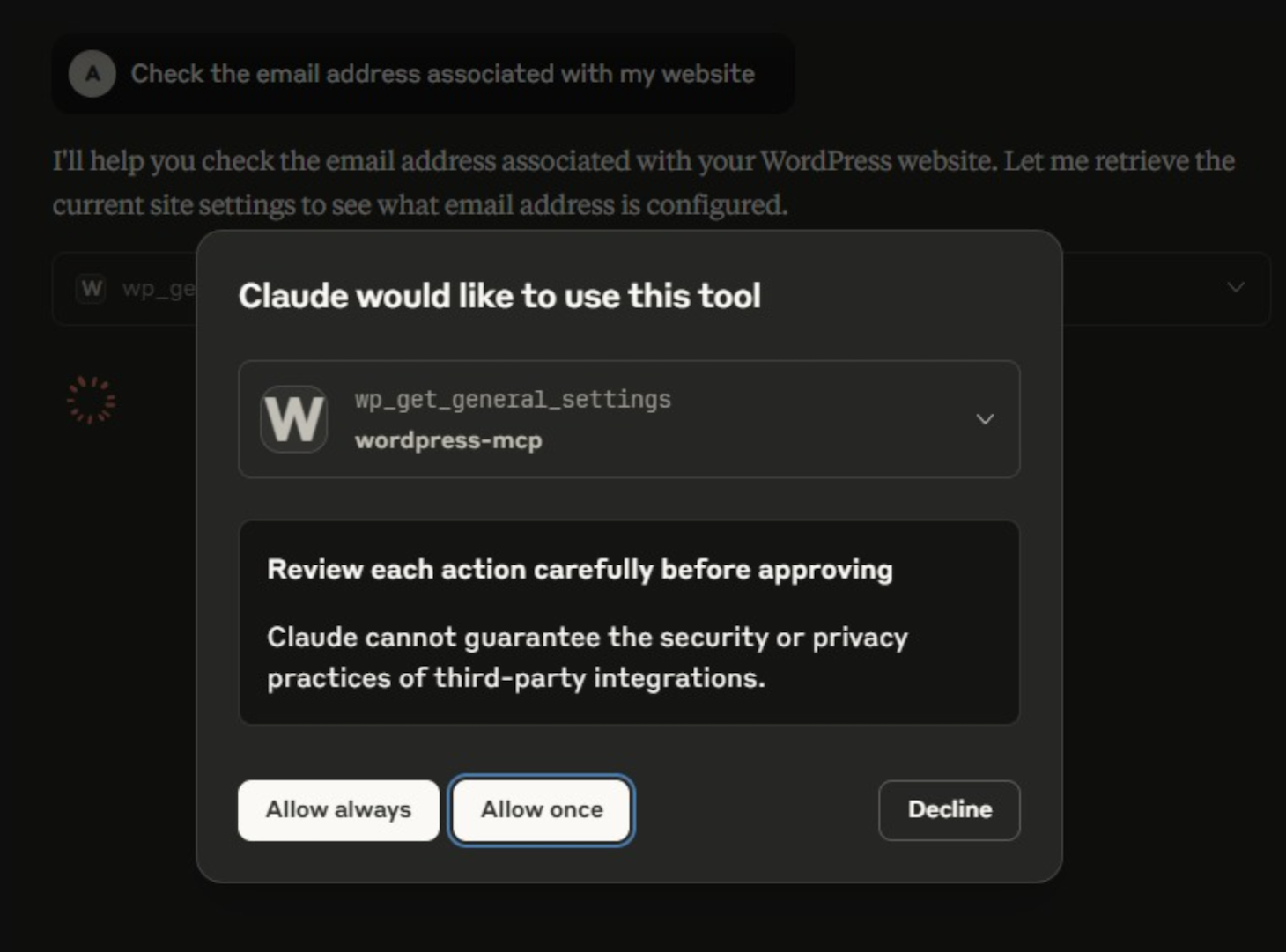 Claude asks for a permission to modify a WordPress website