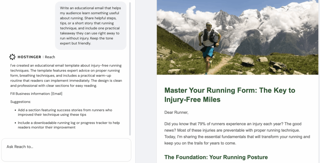 Email campaign editor within Hostinger Reach